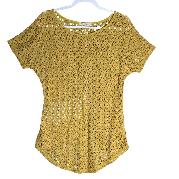 Comme Toi Sz M Sunny Yellow Open Crochet Knit Short Sleeve Top Boho Lightweight - Picture 1 of 8